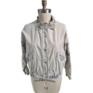 VTG 80s 70s Y2K City Limits Denim Jacket Beige w/Contrasting Floral Accents M